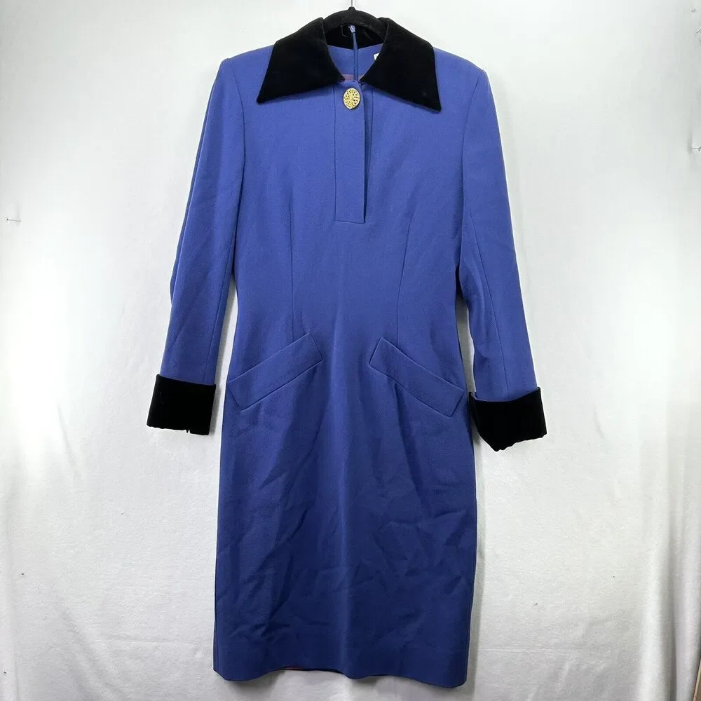 Vintage CELINE PARIS Wool Velvet Collar Cuffs Dress Purple Long Sleeves Sz 38 - Picture 1 of 16